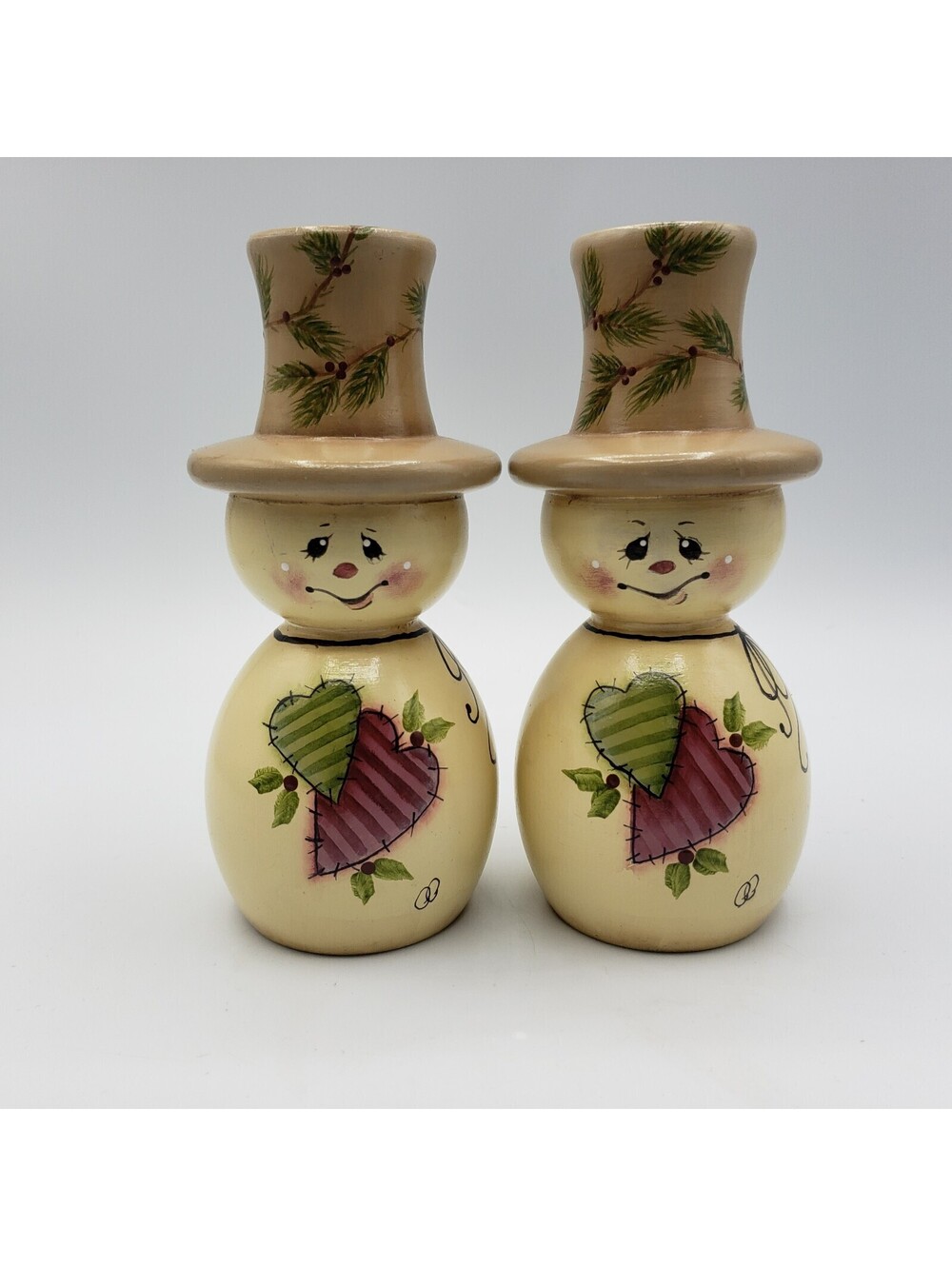 Hand Painted Wood Folk Art Snowman Candle Holders Artist Signed QTY 2 Top Hat